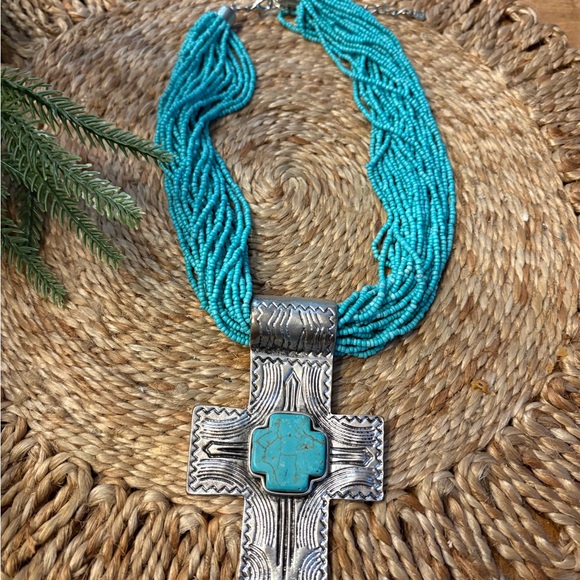 Jewelry - Turquoise Beaded Silver Cross Necklace